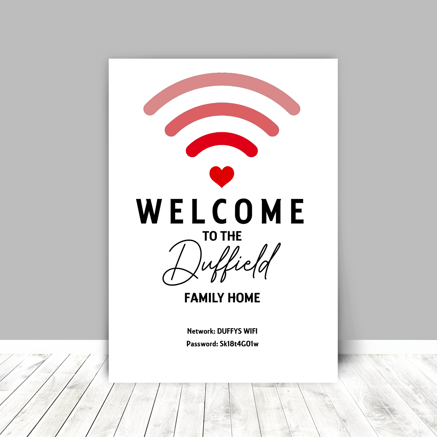 Personalised WiFi Print showcasing a custom QR code and WiFi details, offering a stylish and convenient way to connect to the network.