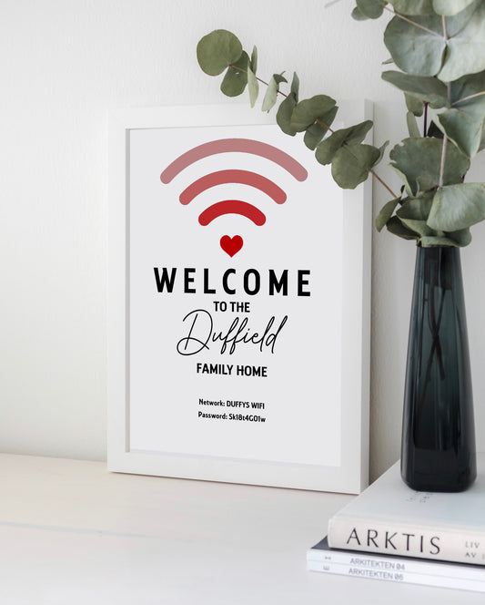 Personalised WiFi Print showcasing a custom QR code and WiFi details, offering a stylish and convenient way to connect to the network.