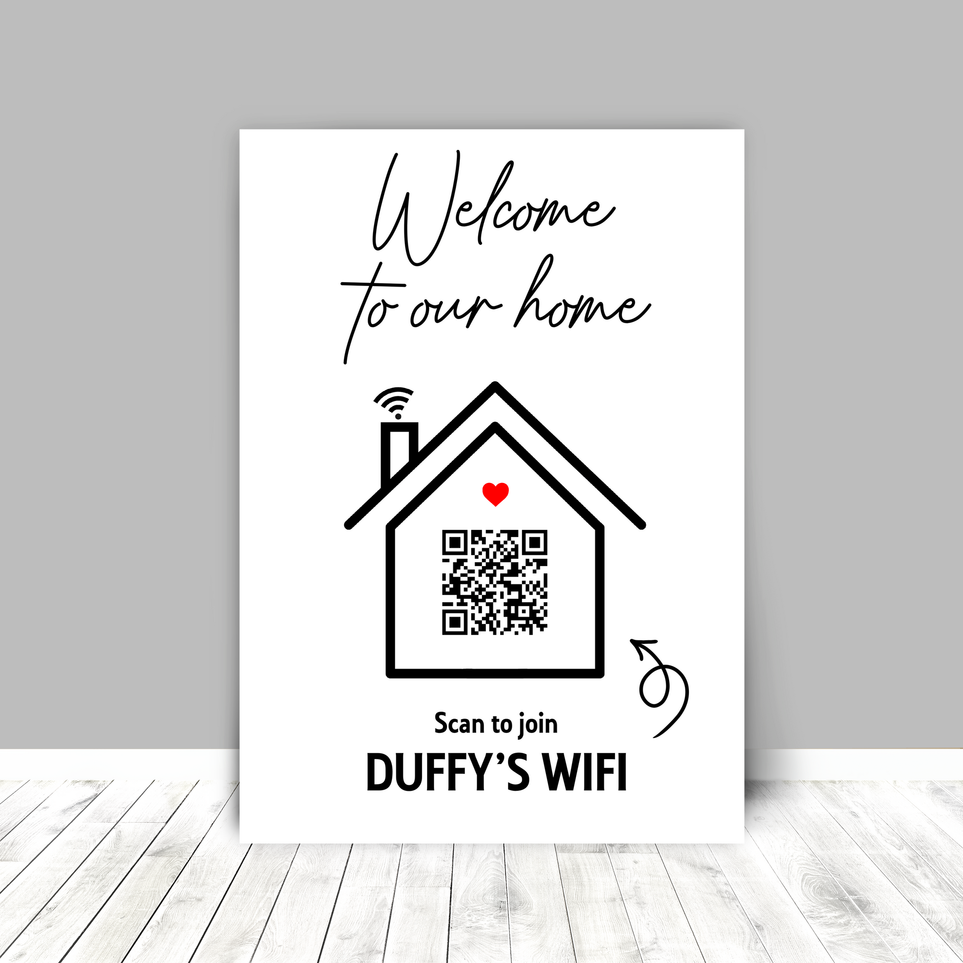 Personalised WiFi Print showcasing a custom QR code and WiFi details, offering a stylish and convenient way to connect to the network.