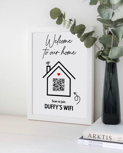 Personalised WiFi Print showcasing a custom QR code and WiFi details, offering a stylish and convenient way to connect to the network.