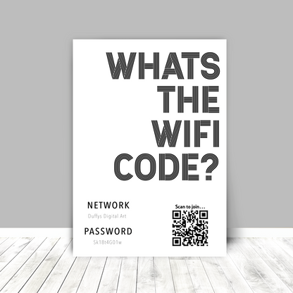 Personalised WiFi Print showcasing a custom QR code and WiFi details, offering a stylish and convenient way to connect to the network.