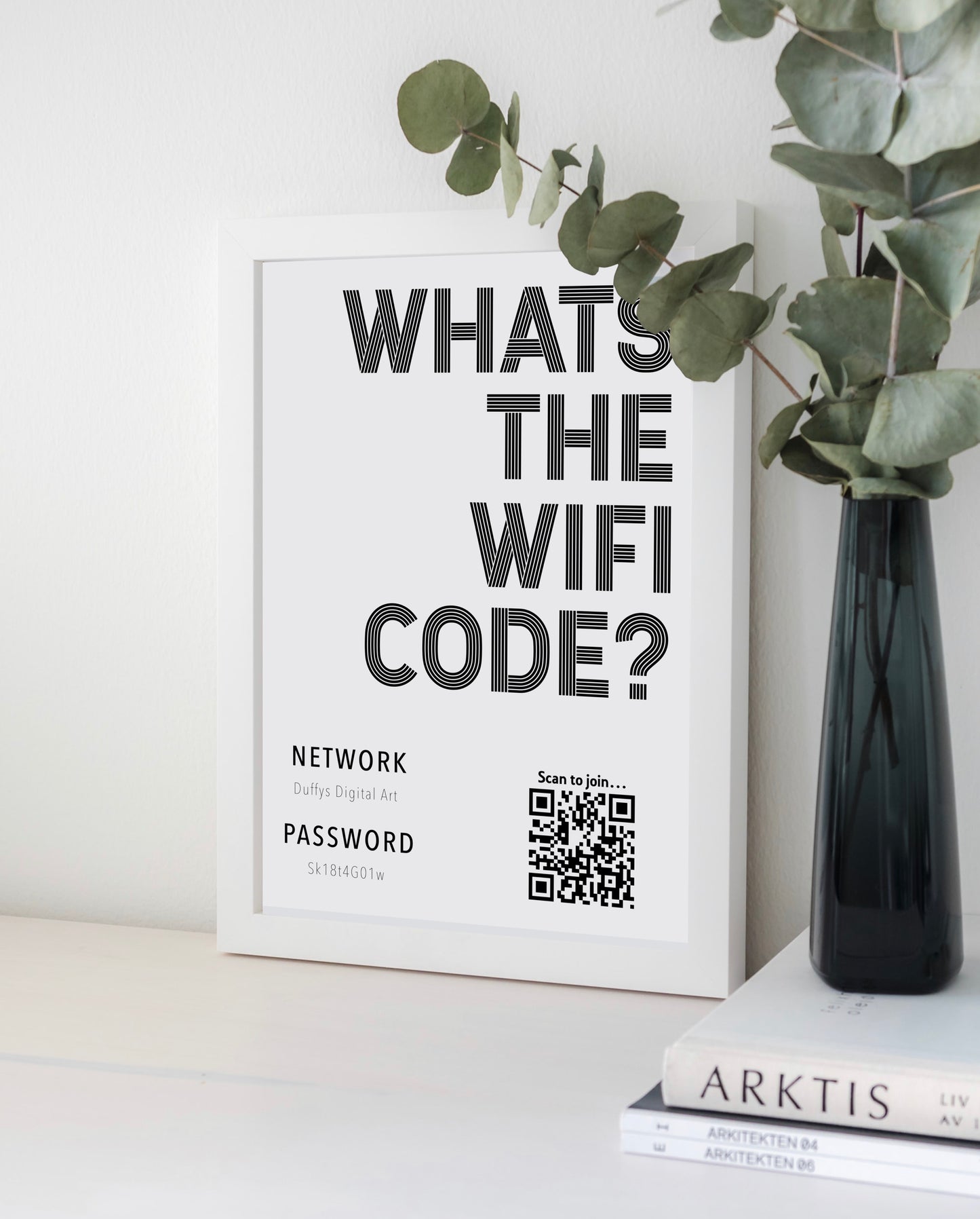 Personalised WiFi Print showcasing a custom QR code and WiFi details, offering a stylish and convenient way to connect to the network.