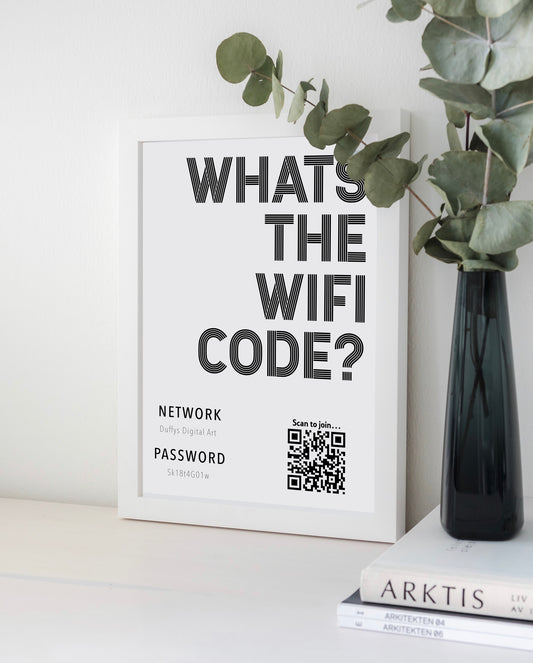 Personalised WiFi Print showcasing a custom QR code and WiFi details, offering a stylish and convenient way to connect to the network.