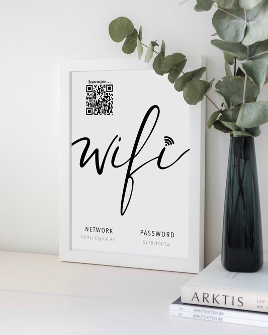 Personalised WiFi Print showcasing a custom QR code and WiFi details, offering a stylish and convenient way to connect to the network.