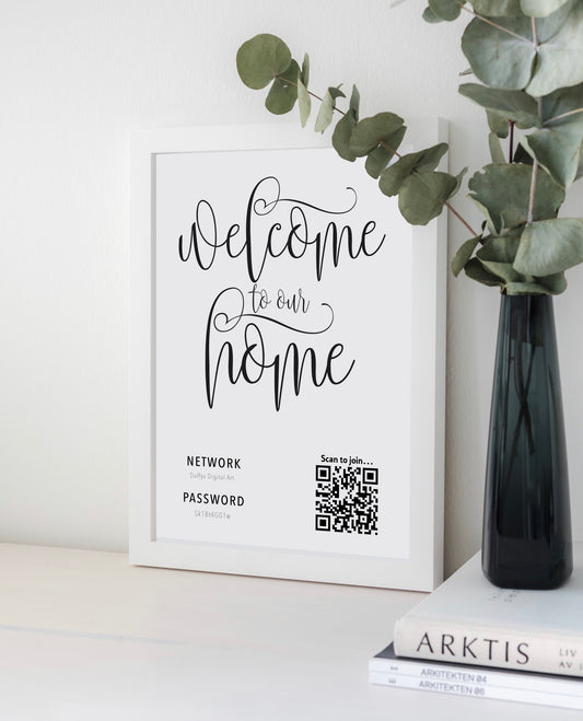 Personalised WiFi Print showcasing a custom QR code and WiFi details, offering a stylish and convenient way to connect to the network.