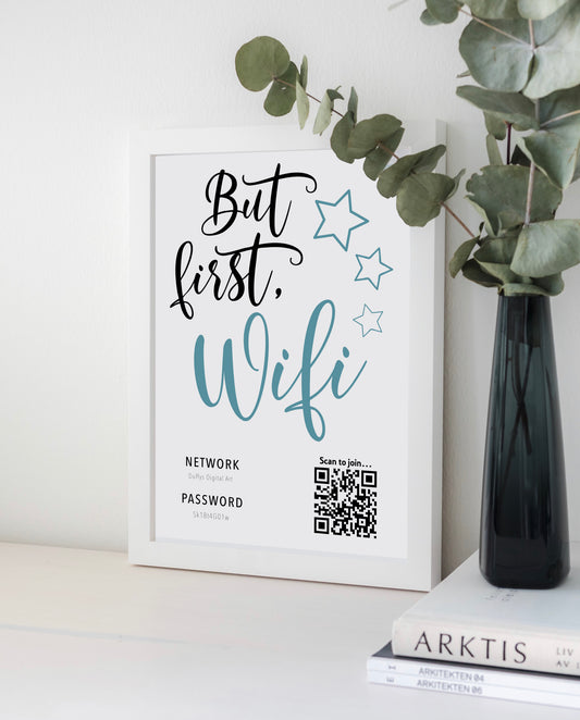 Personalised WiFi Print showcasing a custom QR code and WiFi details, offering a stylish and convenient way to connect to the network.