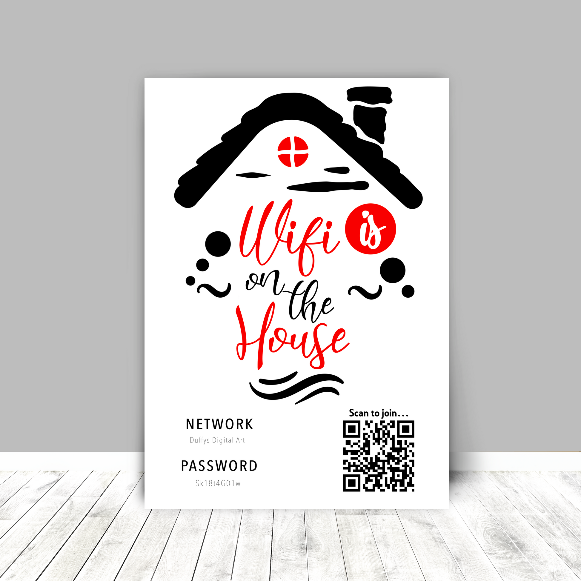 Personalised WiFi Print showcasing a custom QR code and WiFi details, offering a stylish and convenient way to connect to the network.