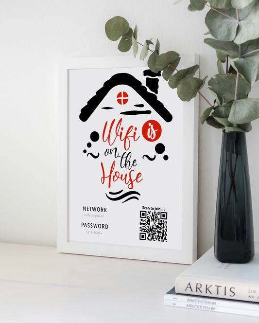 Personalised WiFi Print showcasing a custom QR code and WiFi details, offering a stylish and convenient way to connect to the network.