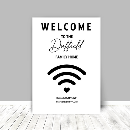 Personalised WiFi Print showcasing a custom QR code and WiFi details, offering a stylish and convenient way to connect to the network.