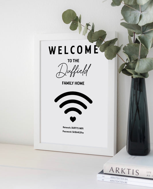 Personalised WiFi Print showcasing a custom QR code and WiFi details, offering a stylish and convenient way to connect to the network.