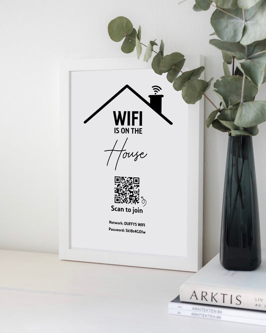 Personalised WiFi Print showcasing a custom QR code and WiFi details, offering a stylish and convenient way to connect to the network.