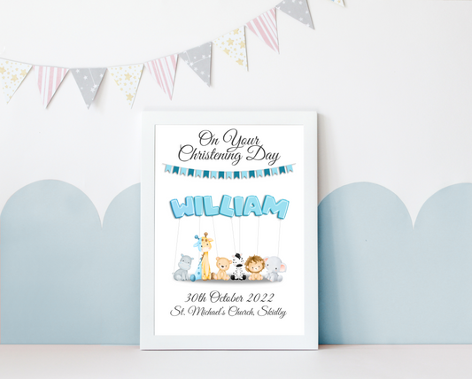 An enchanting personalised christening baby print showcasing vibrant balloons. The balloons spell out the child's name, creating a delightful and whimsical ambiance. The date and location of the christening are elegantly presented, adding a sentimental touch to the artwork. This captivating print captures the cherished moment of the child's christening, celebrating their arrival into the world with love and joy.