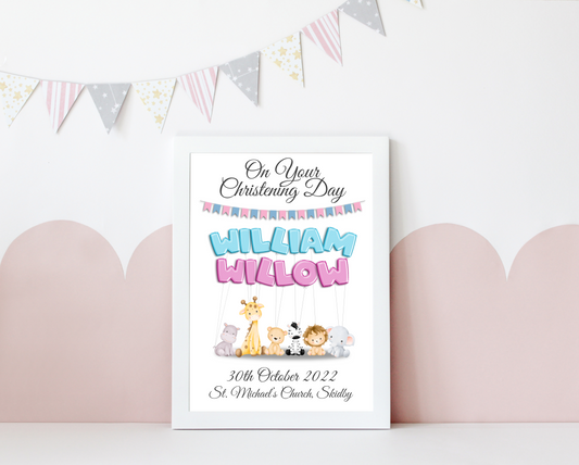 An enchanting personalised christening baby print showcasing vibrant balloons. The balloons spell out the child's name, creating a delightful and whimsical ambiance. The date and location of the christening are elegantly presented, adding a sentimental touch to the artwork. This captivating print captures the cherished moment of the child's christening, celebrating their arrival into the world with love and joy.