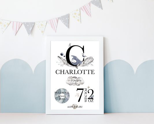 A delightful personalised newborn print celebrating the arrival of a precious bundle of joy. The print features a charming design. In the centre, the baby's name, takes pride of place in elegant typography. Surrounding the name are details of the birth, including the weight at birth, the time of birth , and the special location of birth. Adorned with whimsical illustrations, and baby essentials, this keepsake captures the enchanting moment of a new life entering the world.