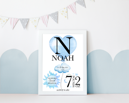 A delightful personalised newborn print celebrating the arrival of a precious bundle of joy. The print features a charming design. In the centre, the baby's name, takes pride of place in elegant typography. Surrounding the name are details of the birth, including the weight at birth, the time of birth , and the special location of birth. Adorned with whimsical illustrations, and baby essentials, this keepsake captures the enchanting moment of a new life entering the world.