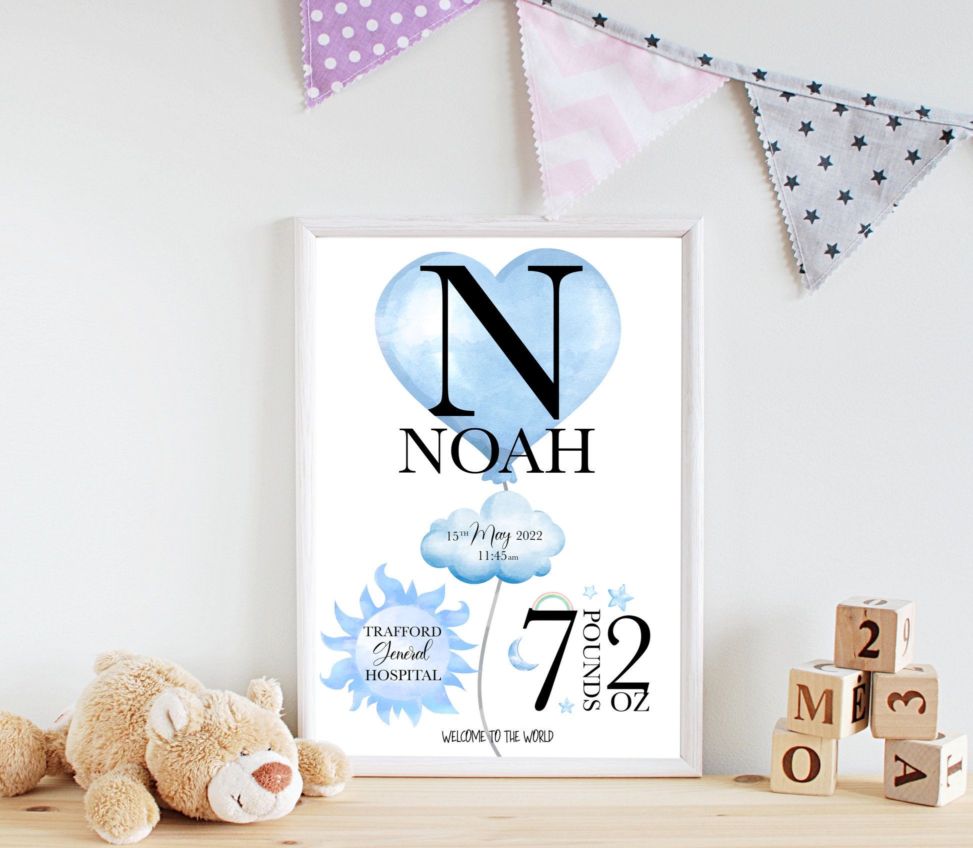 A delightful personalised newborn print celebrating the arrival of a precious bundle of joy. The print features a charming design. In the centre, the baby's name, takes pride of place in elegant typography. Surrounding the name are details of the birth, including the weight at birth, the time of birth , and the special location of birth. Adorned with whimsical illustrations, and baby essentials, this keepsake captures the enchanting moment of a new life entering the world.