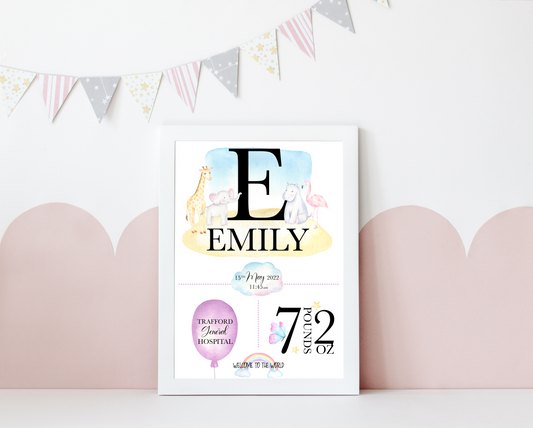 A delightful personalised newborn print celebrating the arrival of a precious bundle of joy. The print features a charming design. In the centre, the baby's name, takes pride of place in elegant typography. Surrounding the name are details of the birth, including the weight at birth, the time of birth , and the special location of birth. Adorned with whimsical illustrations, and baby essentials, this keepsake captures the enchanting moment of a new life entering the world.