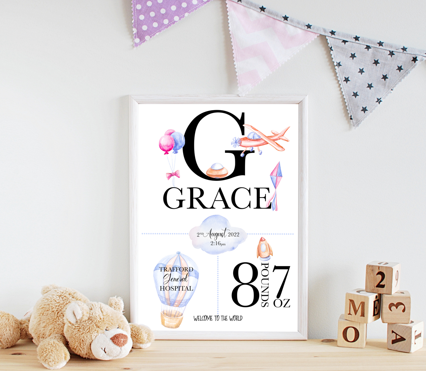 A delightful personalised newborn print celebrating the arrival of a precious bundle of joy. The print features a charming design. In the centre, the baby's name, takes pride of place in elegant typography. Surrounding the name are details of the birth, including the weight at birth, the time of birth , and the special location of birth. Adorned with whimsical illustrations, and baby essentials, this keepsake captures the enchanting moment of a new life entering the world.