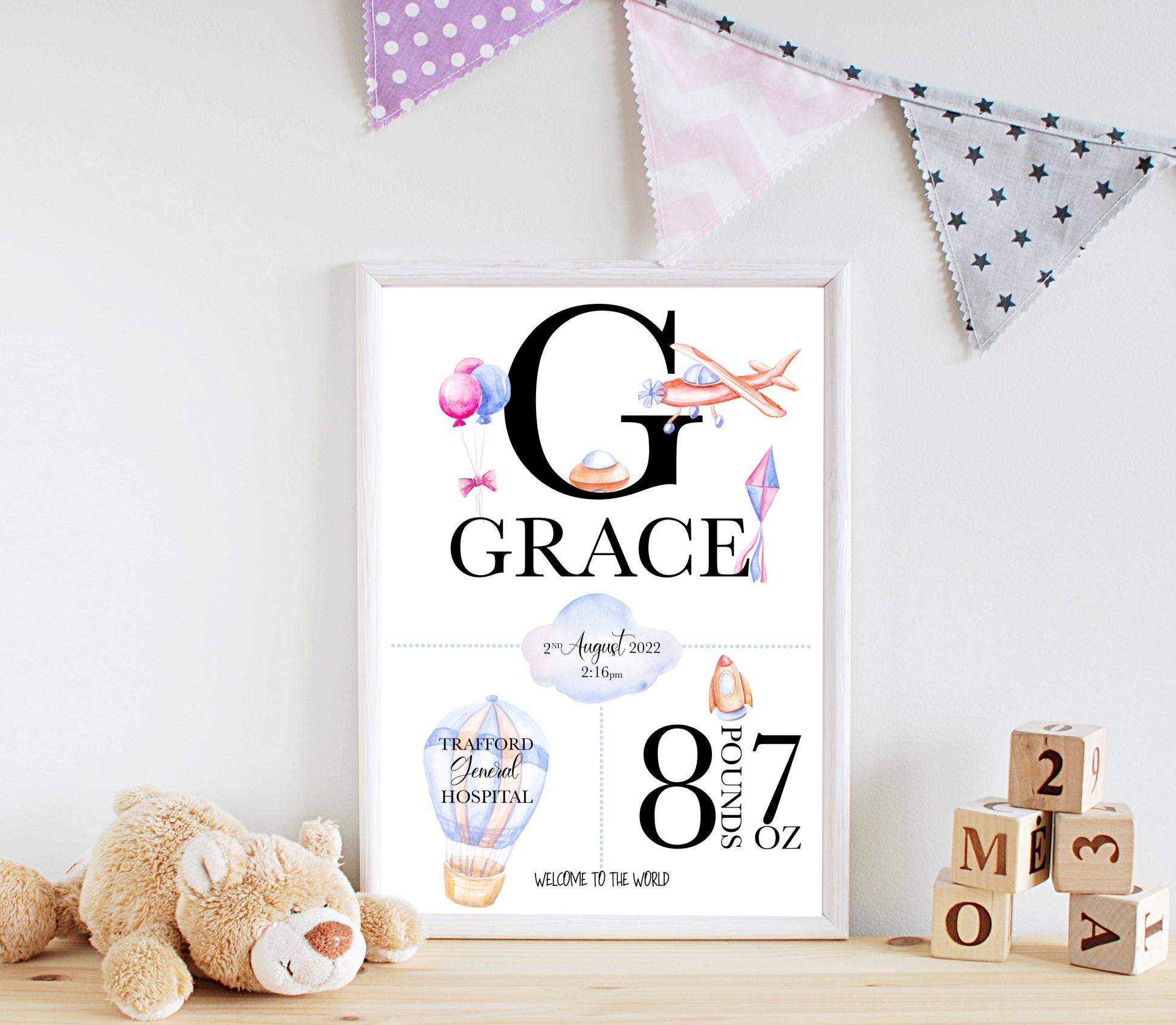 A delightful personalised newborn print celebrating the arrival of a precious bundle of joy. The print features a charming design. In the centre, the baby's name, takes pride of place in elegant typography. Surrounding the name are details of the birth, including the weight at birth, the time of birth , and the special location of birth. Adorned with whimsical illustrations, and baby essentials, this keepsake captures the enchanting moment of a new life entering the world.