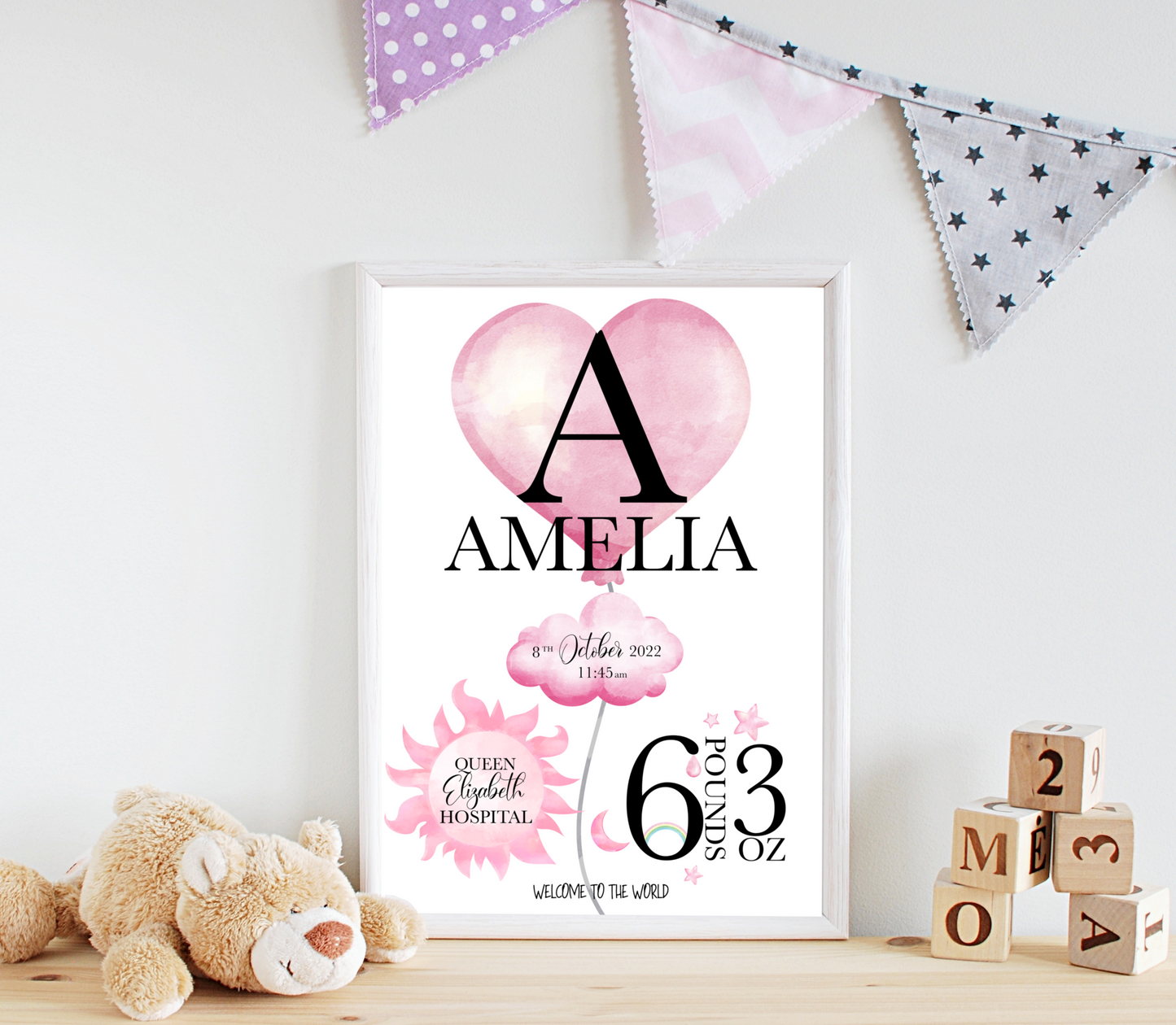 A delightful personalised newborn print celebrating the arrival of a precious bundle of joy. The print features a charming design. In the centre, the baby's name, takes pride of place in elegant typography. Surrounding the name are details of the birth, including the weight at birth, the time of birth , and the special location of birth. Adorned with whimsical illustrations, and baby essentials, this keepsake captures the enchanting moment of a new life entering the world.