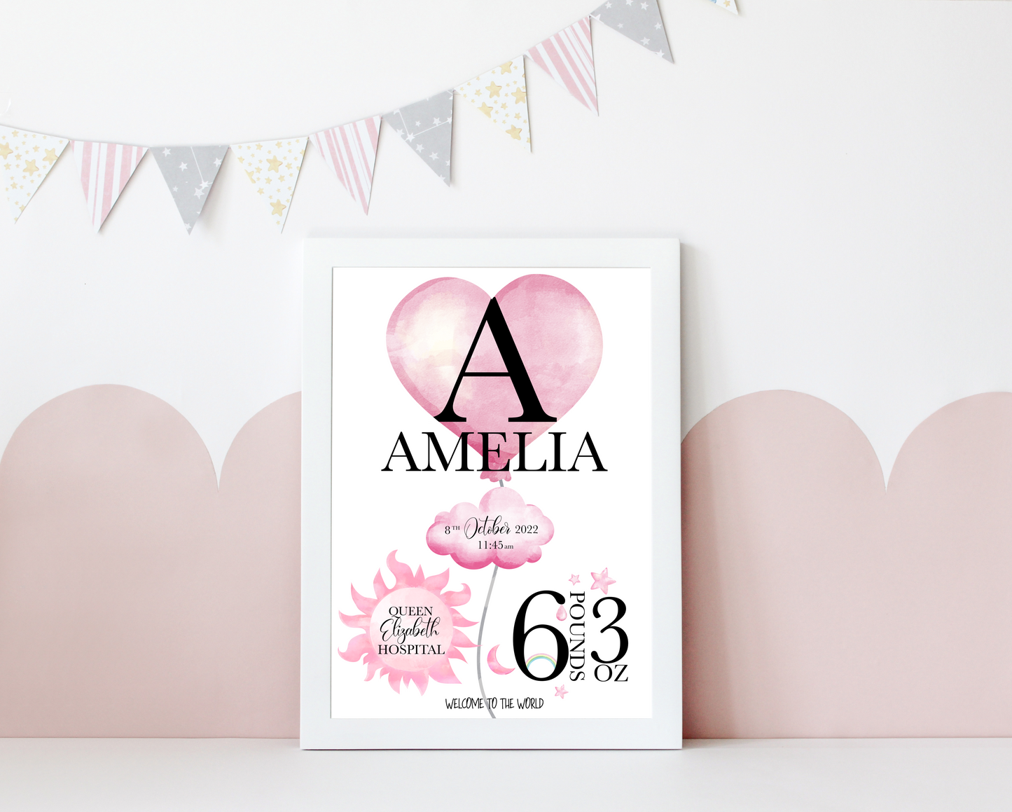 A delightful personalised newborn print celebrating the arrival of a precious bundle of joy. The print features a charming design. In the centre, the baby's name, takes pride of place in elegant typography. Surrounding the name are details of the birth, including the weight at birth, the time of birth , and the special location of birth. Adorned with whimsical illustrations, and baby essentials, this keepsake captures the enchanting moment of a new life entering the world.