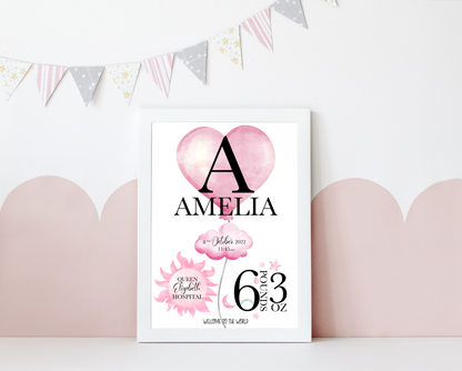 A delightful personalised newborn print celebrating the arrival of a precious bundle of joy. The print features a charming design. In the centre, the baby's name, takes pride of place in elegant typography. Surrounding the name are details of the birth, including the weight at birth, the time of birth , and the special location of birth. Adorned with whimsical illustrations, and baby essentials, this keepsake captures the enchanting moment of a new life entering the world.