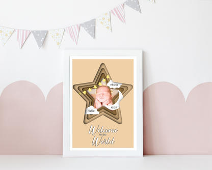  A heartwarming print featuring a custom photo of a newborn baby, surrounded by delicate pastel colors. The baby's name, date of birth, weight, and time of arrival are beautifully displayed beneath the photo. The print is elegantly framed and ready to be cherished as a special keepsake.