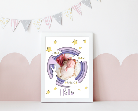  A heartwarming print featuring a custom photo of a newborn baby, surrounded by delicate pastel colors. The baby's name, date of birth, weight, and time of arrival are beautifully displayed beneath the photo. The print is elegantly framed and ready to be cherished as a special keepsake.