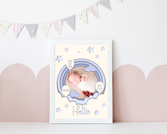  A heartwarming print featuring a custom photo of a newborn baby, surrounded by delicate pastel colors. The baby's name, date of birth, weight, and time of arrival are beautifully displayed beneath the photo. The print is elegantly framed and ready to be cherished as a special keepsake.