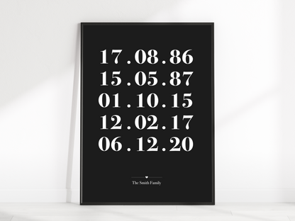 A beautifully framed Personalised Family Dates Print displayed on a wall. The print showcases a clean and minimalist design with customisable dates representing significant milestones. It serves as a heartfelt reminder of cherished memories and makes an ideal gift for weddings, housewarmings, or as a stylish addition to any family home.