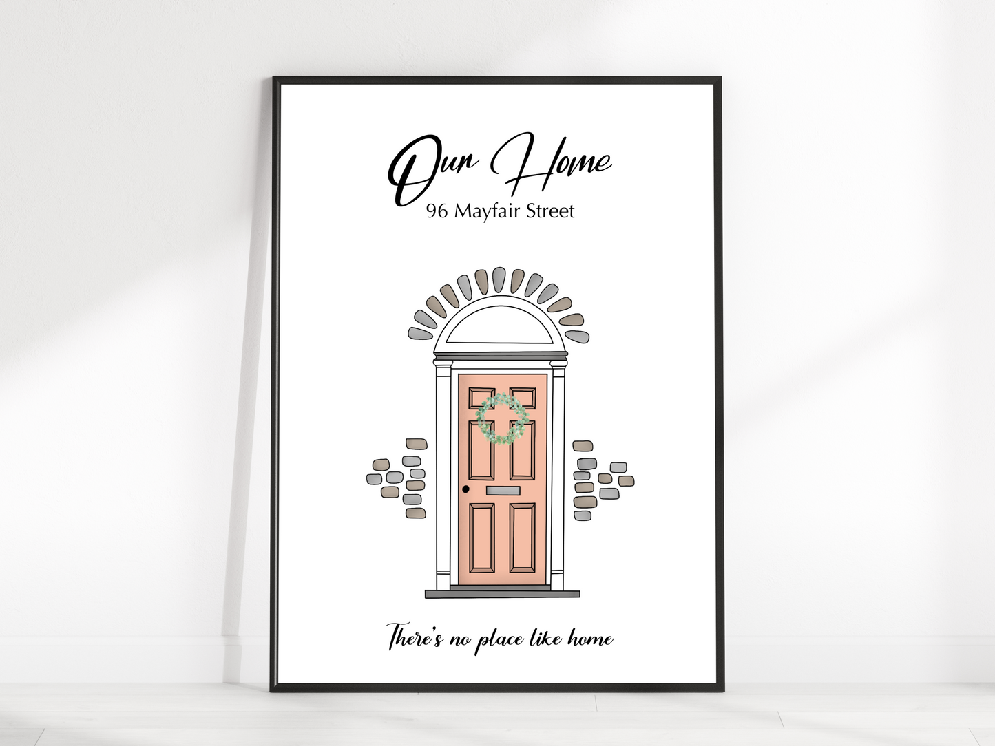 A close-up view of a beautifully designed front door print, showcasing custom details such as house numbers, family names, and decorative accents. The color palette is vibrant and inviting, enhancing the visual appeal of the artwork. This personalized front door print is a perfect housewarming gift, adding a touch of elegance and warmth to any home decor.