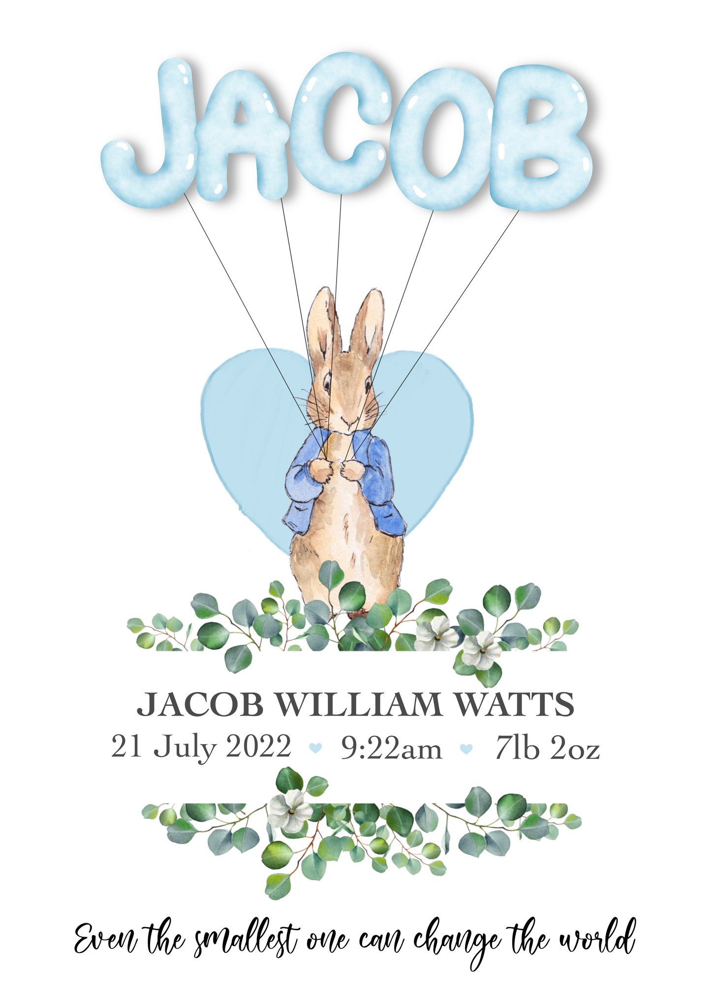 An enchanting home decor baby print featuring a cute rabbit holding colourful balloons that spell out the baby's name. A perfect personalised gift to celebrate a baby shower, baby birth, or christening. Capture the joy and create lasting memories with this delightful piece.