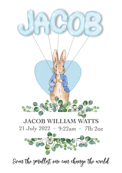 An enchanting home decor baby print featuring a cute rabbit holding colourful balloons that spell out the baby's name. A perfect personalised gift to celebrate a baby shower, baby birth, or christening. Capture the joy and create lasting memories with this delightful piece.