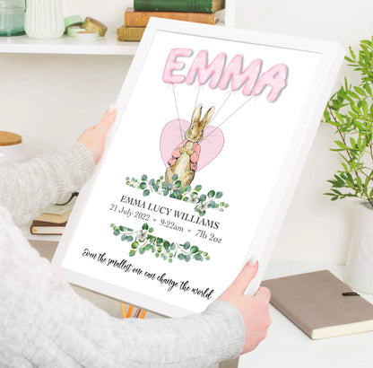 An enchanting home decor baby print featuring a cute rabbit holding colourful balloons that spell out the baby's name. A perfect personalised gift to celebrate a baby shower, baby birth, or christening. Capture the joy and create lasting memories with this delightful piece.