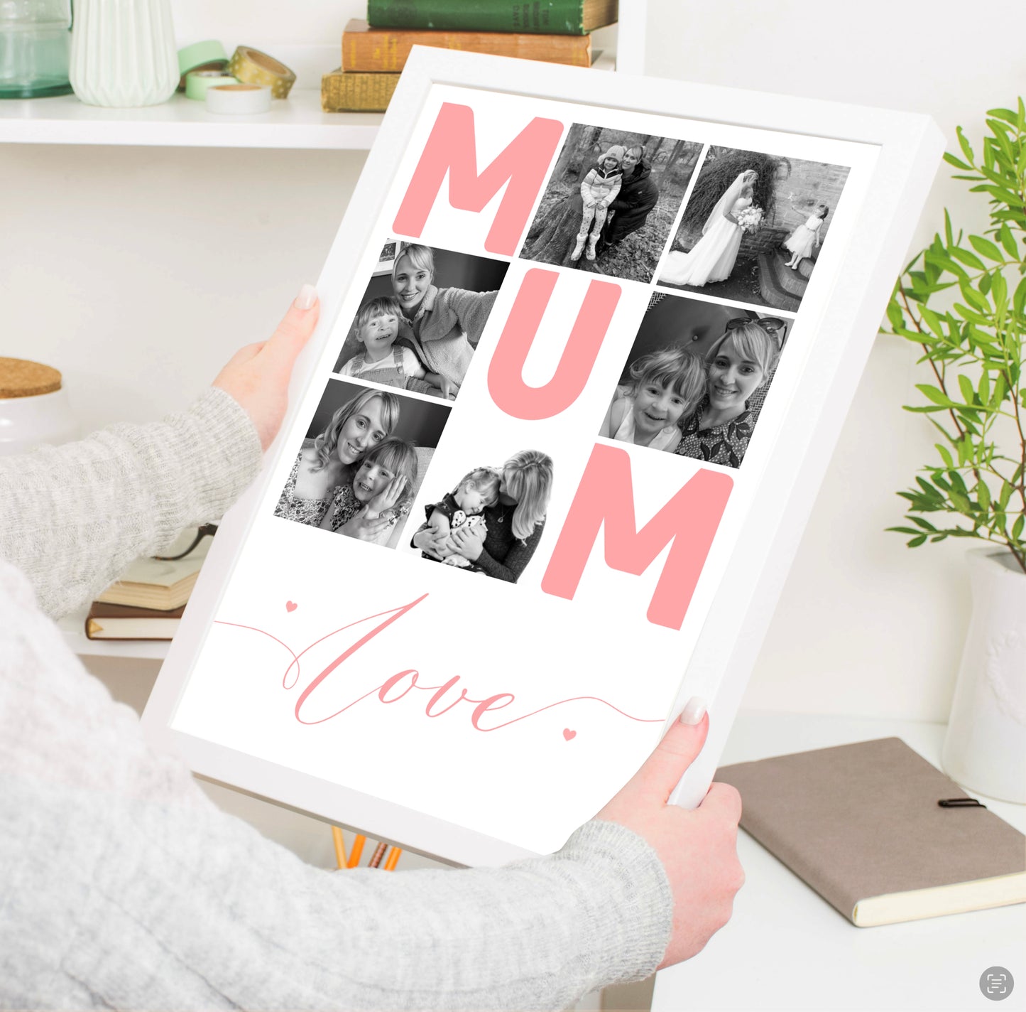 A heartwarming personalised home decor print showcasing cherished memories. Two smiling individuals in a warm embrace, surrounded by beautifully framed photographs. A perfect gift for Mother's Day or birthdays, evoking love and appreciation.