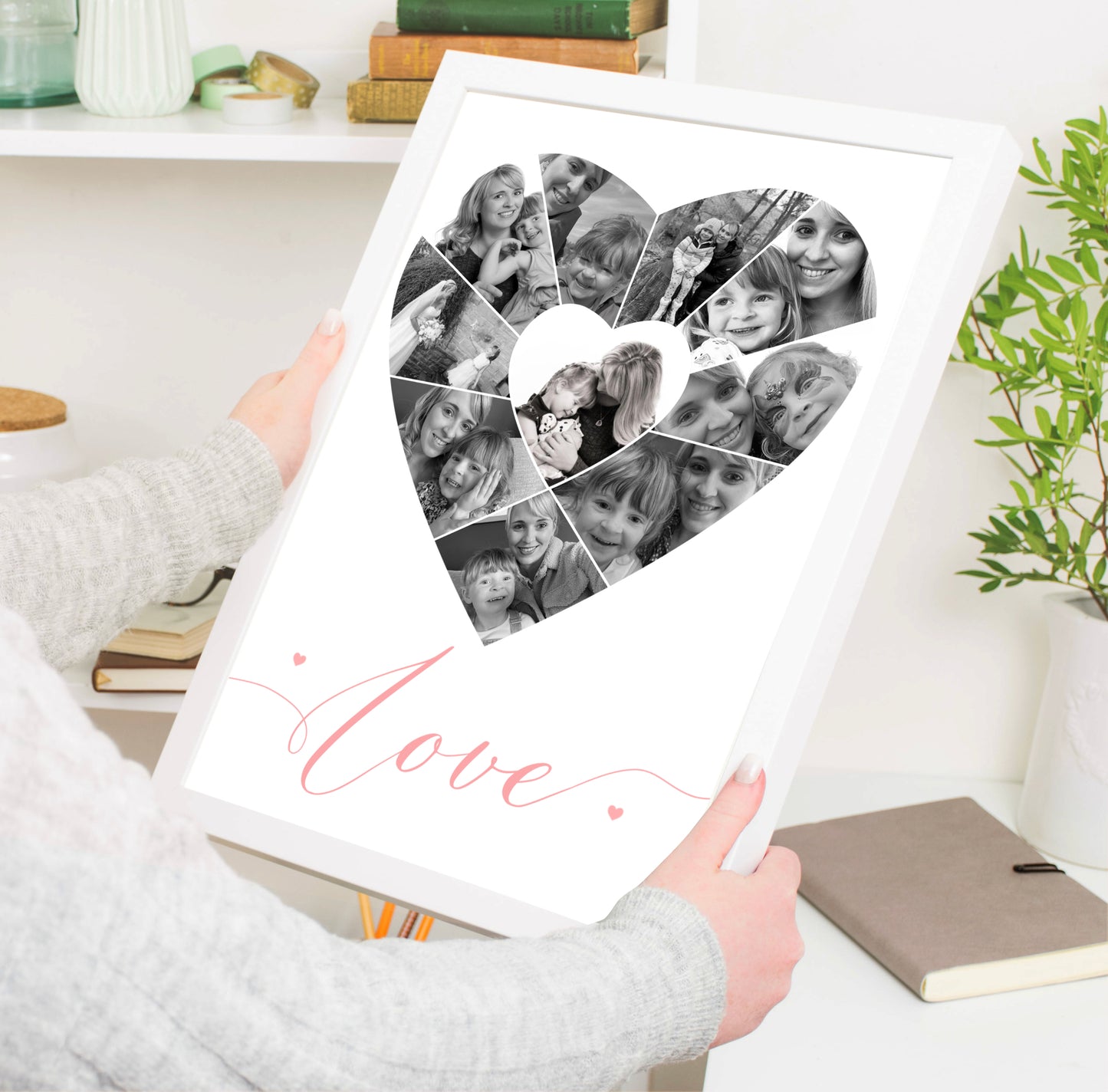 A captivating heart-shaped collage home decor print featuring a collection of personalised photos arranged in the shape of a heart. Custom text adds an expressive touch. Perfect as a heartfelt gift for loved ones, suitable for couples, families, friends, and special occasions.