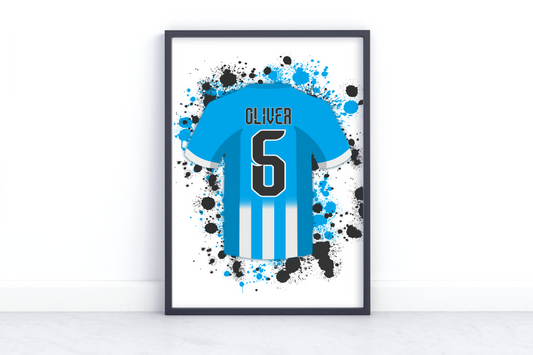 Personalised Kids Football Team Jersey Art Print - Custom Name and Number, Vibrant Team Colours, Ideal Decor for Young Football Enthusiasts