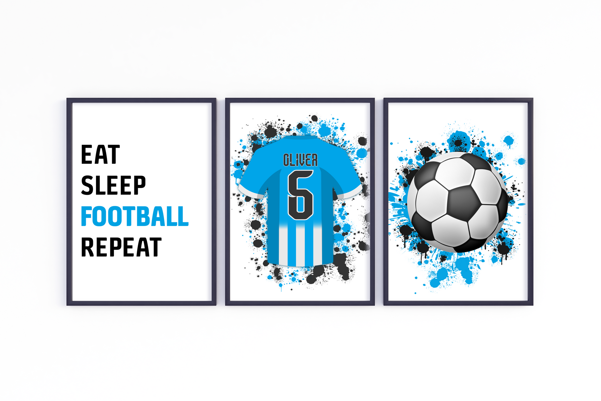 Personalised 'Eat Sleep Football Repeat' Kids' Wall Art in [Team Colours] - High-quality print with team mantra, durable frame, easy to hang – Ideal for young football enthusiasts' room decor.