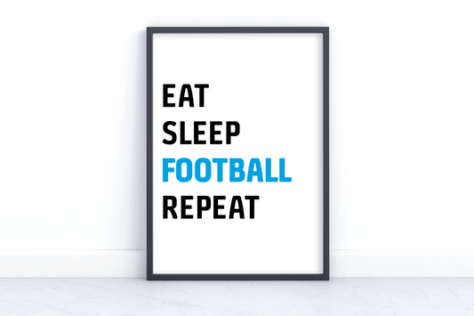 Personalised 'Eat Sleep Football Repeat' Kids' Wall Art in [Team Colours] - High-quality print with team mantra, durable frame, easy to hang – Ideal for young football enthusiasts' room decor.