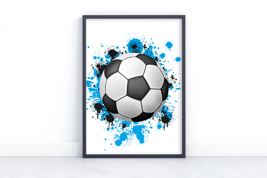 Personalised Football Splatter Art with team colours, perfect for young football players and enthusiasts. High-quality print, premium framing, and unique design make it an ideal gift.