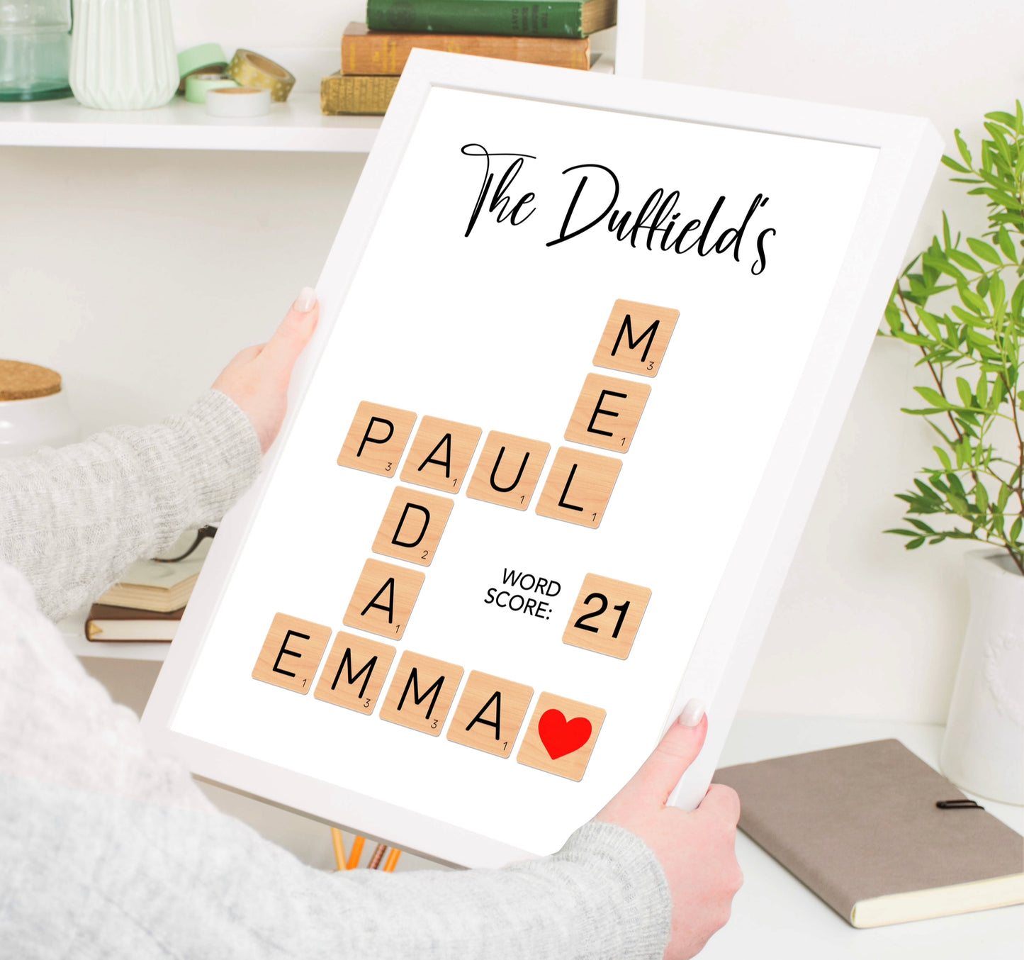 Custom Scrabble Tile Art featuring names and titles, elegantly framed. Perfect for personal gifts and home decor.