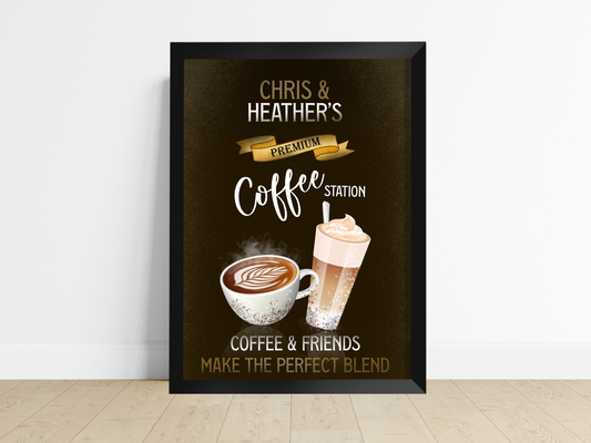 Alt Image Text: Home decor print showcasing customized coffee drinks with names like "Lee & Sam's Coffee Station", perfect for adding a personal touch to any kitchen or coffee nook.