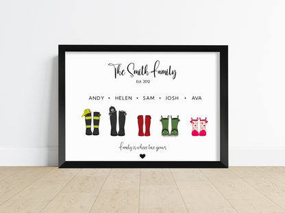 A charming personalised welly boots print featuring colourful wellington boots with a star background. The boots showcase custom names, adding a personal touch to this delightful artwork.