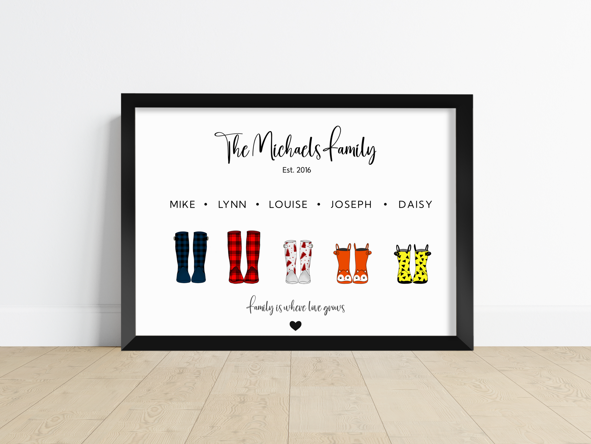 A charming personalised welly boots print featuring colourful wellington boots with a star background. The boots showcase custom names, adding a personal touch to this delightful artwork.