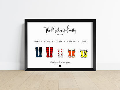 A charming personalised welly boots print featuring colourful wellington boots with a star background. The boots showcase custom names, adding a personal touch to this delightful artwork.