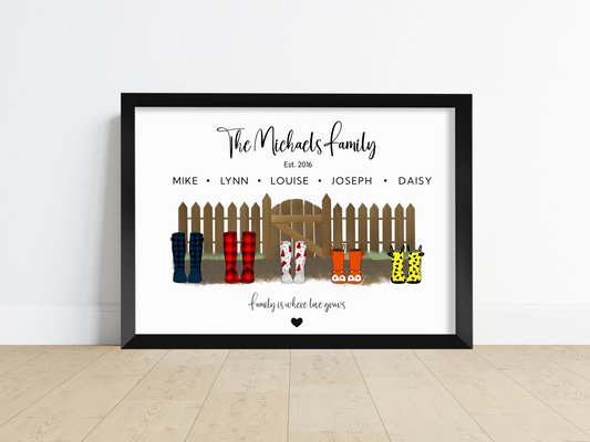 A charming personalised welly boots print featuring colourful wellington boots placed in front of a garden fence. The boots showcase custom names, adding a personal touch to this delightful artwork.