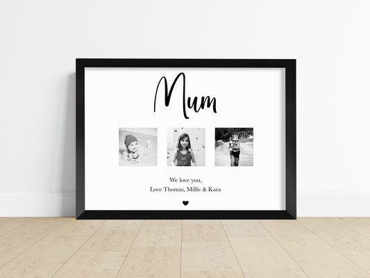 A beautiful personalised print displayed on a wall, featuring three cherished photos. The photos show smiling faces of loved ones, creating a heartwarming and memorable piece of art. The print is framed elegantly, adding a touch of sophistication to any room.