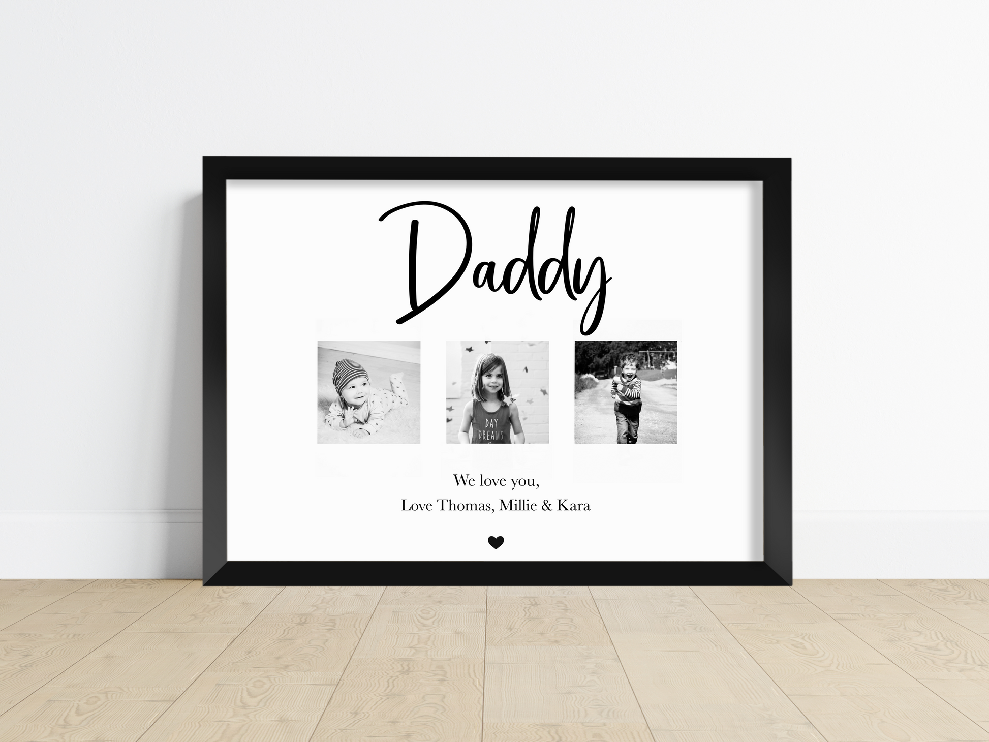 A beautiful personalised print displayed on a wall, featuring three cherished photos. The photos show smiling faces of loved ones, creating a heartwarming and memorable piece of art. The print is framed elegantly, adding a touch of sophistication to any room.