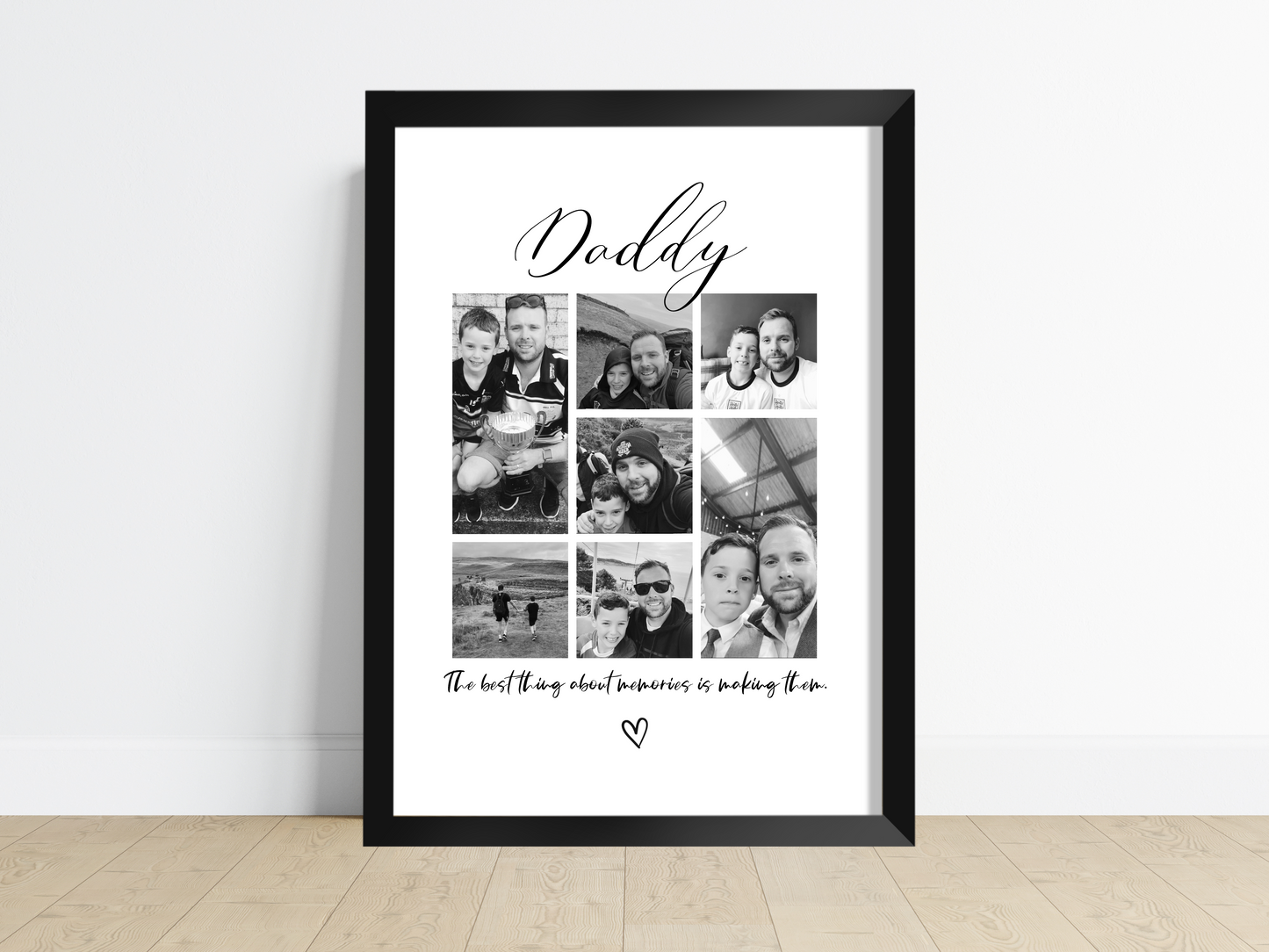 A beautifully framed personalised print featuring up to 9 cherished photos. Customisable title and quote options. Perfect for housewarming gifts, Father's Day, or adding a personal touch to a family