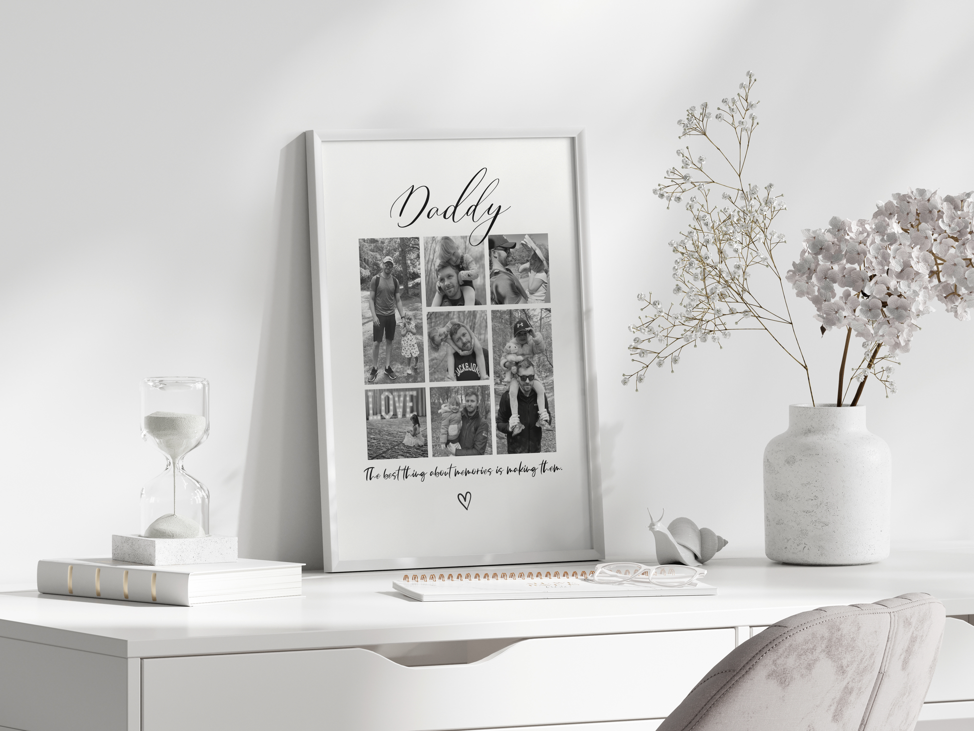 A beautifully framed personalised print featuring up to 9 cherished photos. Customisable title and quote options. Perfect for housewarming gifts, Father's Day, or adding a personal touch to a family